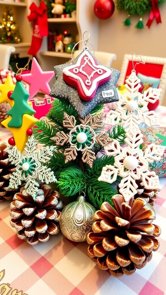 DIY Easy Christmas Ornaments A variety of DIY Christmas ornaments including salt dough, paper snowflakes, and painted pine cones on a decorated table.
